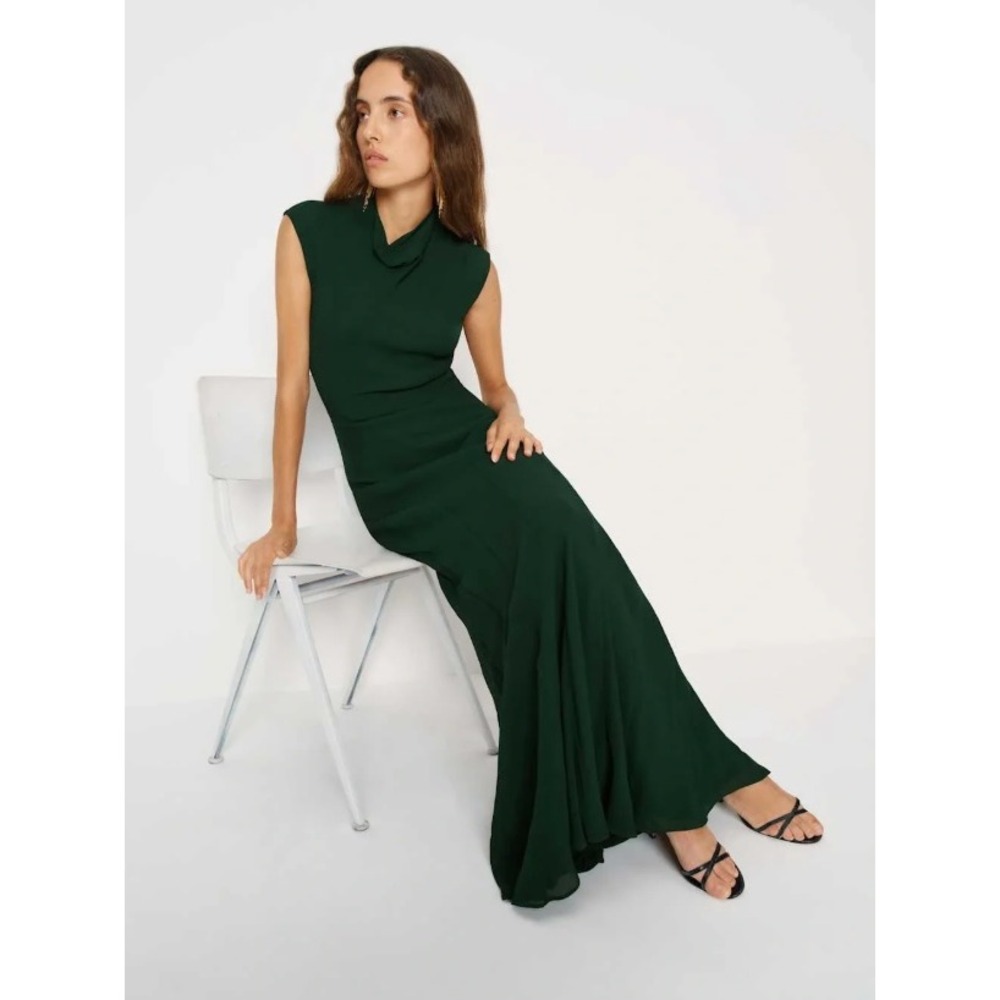 NWT Reformation Alizee Dress Forest Green Mock Neck Chiffon Maxi Gown Slvless 4 - Picture 2 of 9